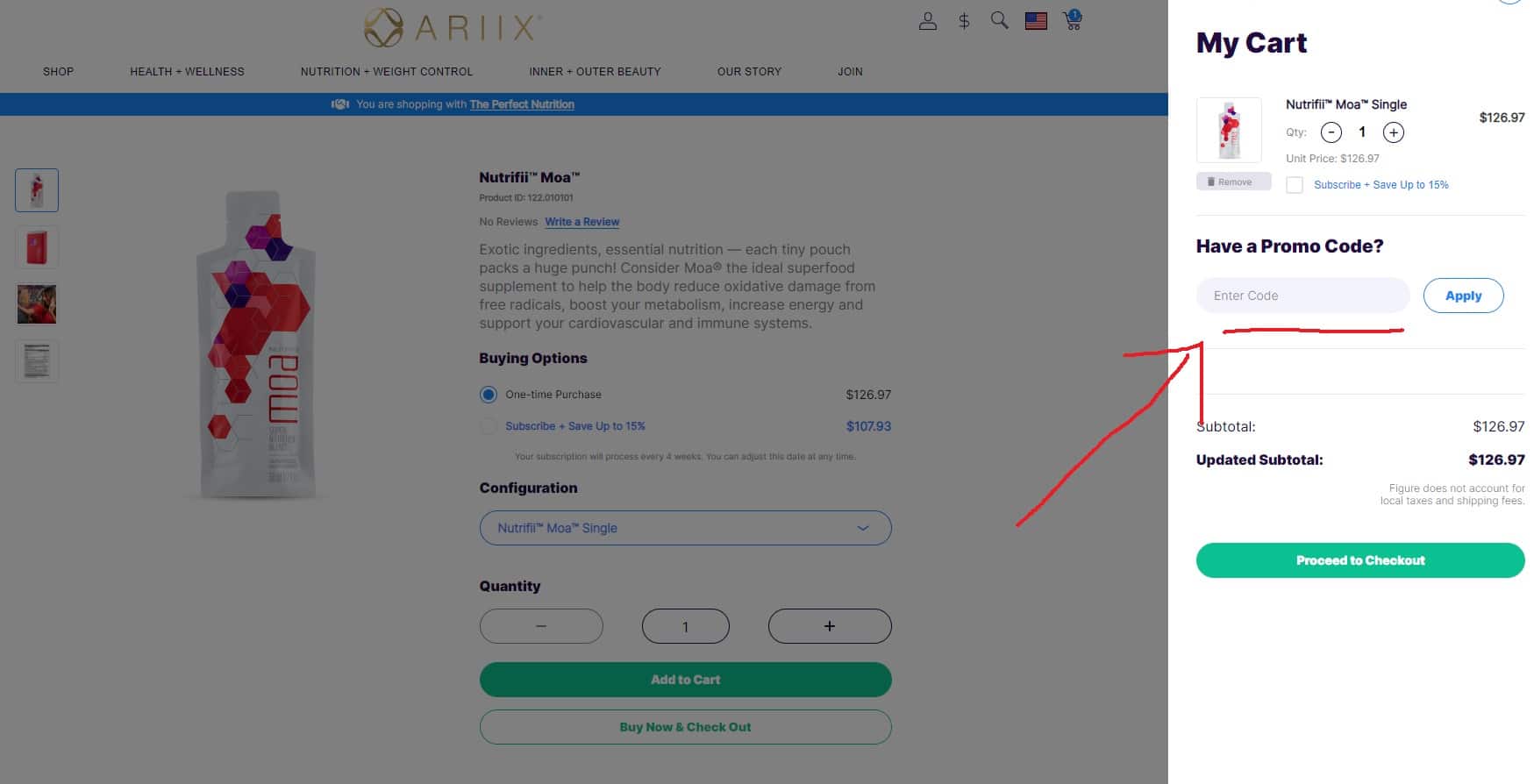 Ariix Coupon Code Cart Page Screenshot